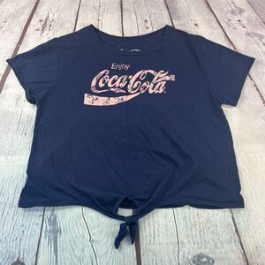 Coca-Cola Cropped T Shirt Women's Large Tie Front Blue Short Sleeve Enjoy Coke